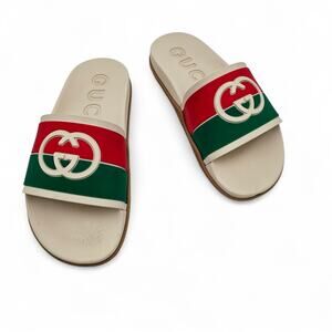 Gucci GG Slide Flat Pool Sandal White Red Green Web Stripe Rubber Size 40 US 10
